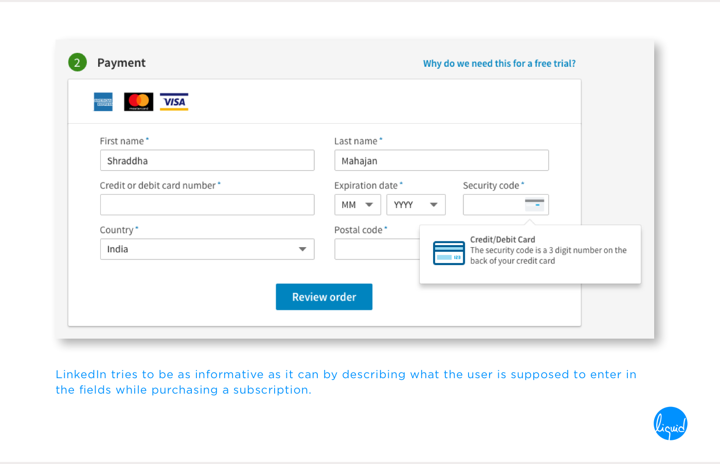 Microcopy on LinkedIn premium subscription payment process