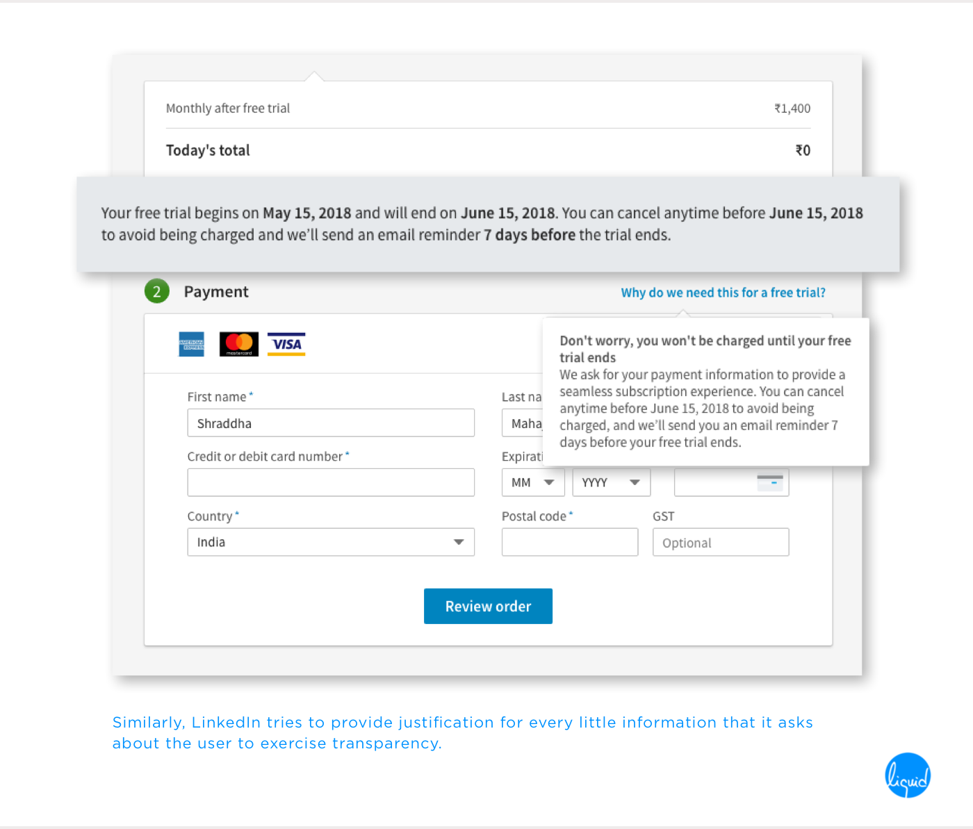 Microcopy on LinkedIn premium subscription payment process and FAQs